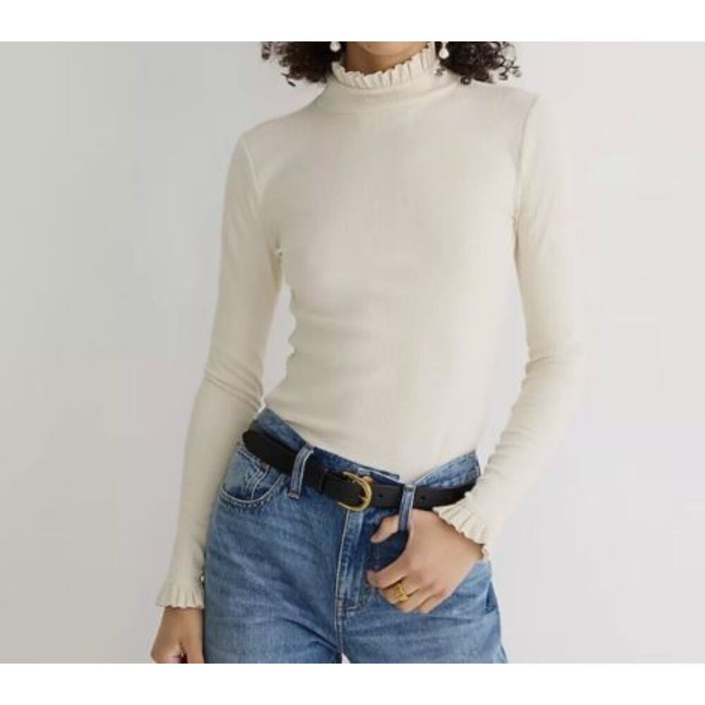 J.Crew Mockneck Turtleneck Shirt Size M Vintage Ribbed Ruffle In Natural Cream